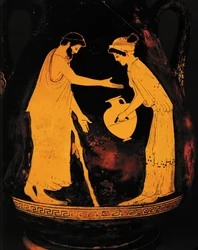 Homme avec canne et femme avec hydrie ...