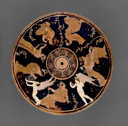 Pyxis attique à figures rouges, détail du couvercle décoré de femmes tenant des jetons d