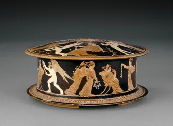 Pyxis à figures rouges attiques décorée de femmes et d