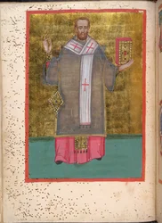 Egerton 2392, f.5v, miniature de Jean Chrysostome debout tenant un livre, tirée du Leitourgikon, comprenant les offices d