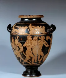 Art grec : stamnos attique en céramique avec figures rouges. Scène dionysiaque. Peintre de Danaé