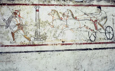 Fresque lucanienne représentant un gladiateur et un homme sur un char, Paestum 350-330 av. J.-C.