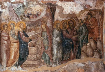 Mariage à Cana, peinture murale du narthex, église Afendiko, monastère de Brontochion
