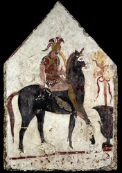 Dalle peinte, le prétendu cavalier noir, de Paestum, Andriuolo, tombe 58