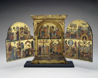 Résurrection de Lazare; Entrée à Jérusalem; Crucifixion; Descente du Christ aux Enfers (panneau central)