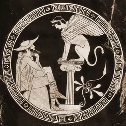 Œdipe répondant aux questions du sphinx à Thèbes, Ve siècle av. J.-C.