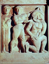Relief représentant Persée aidant Athéna à tuer la Gorgone, métope du temple de Sélinonte, Sicile (pierre)