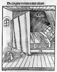 Une sage-femme nettoie le nouveau-né pendant que la mère se repose. Gravure dans « Margarita Philosophica » par Gregor Reisch (1467-1525), Bâle