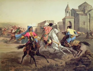 Escarmouche entre Perses et Kurdes en Arménie, imprimée par Alfred Leon Lemercier, Paris, vers 1850-60