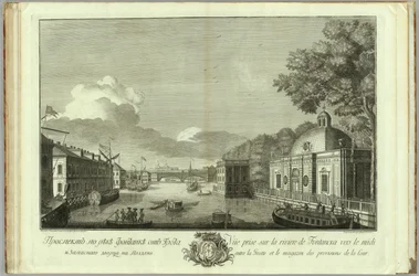 Vue de la rivière Fontanka depuis la grotte Livre pour le 50ème anniversaire de la fondation de Saint-Pétersbourg, 1753