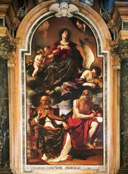 Assomption de Marie avec Saint Pierre et Saint Jérôme, par Giovanni Francesco Barbieri, dit Guercino (1591-1666), huile sur toile. Cathédrale Santa Maria Assunta, Reggio Emilia.