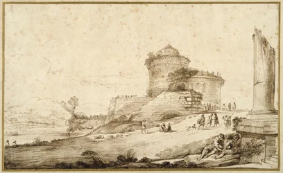 Paysage avec une colonne brisée, un château et de nombreuses figures au premier plan à droite