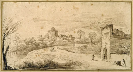 Paysage avec une porte crénelée et une route sinueuse