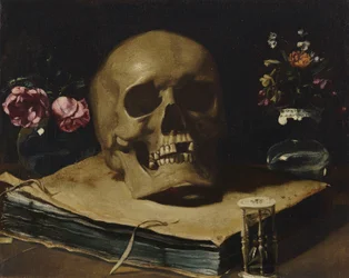 Guercino - Nature morte en vanité avec un crâne surmontant un livre, un sablier et deux vases de fleurs en verre