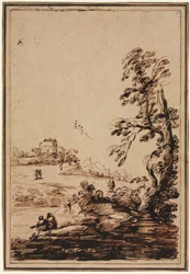 Paysage avec petit groupe de bâtiments, seconde moitié des années 1700