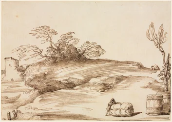 Paysage avec un homme appuyé sur une balle