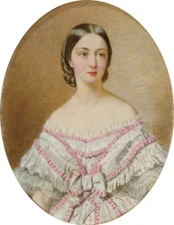 Portrait de Françoise, duchesse de Chartres (1844-1925) en robe et châle blancs avec ruches roses;