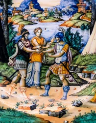 Plat : Latinus et Aeneas, détail, vers 1540 (majolique)