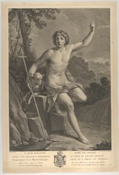 Saint Jean-Baptiste dans le désert, assis sur un rocher et pointant vers le haut avec sa main gauche, 1770