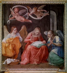 La Vierge cousant avec deux anges