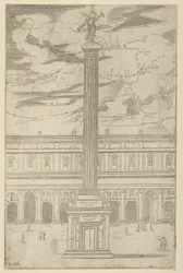 Colonne triomphale avec figure féminine de la Renommée tenant une trompette au sommet, une décoration temporaire, 1598