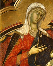 Visage de Marie, (détail) de la Majesté par Guido da Siena (vers 1230-vers 1290), (détail), Salle des Piliers, Palazzo Pubblico (Hôtel de Ville), Sienne