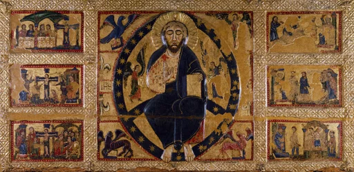 Le Rédempteur et les symboles des évangélistes, par Guido da Siena, peinture sur bois