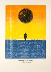Sur le chemin du créateur, Ainsi parlait Zarathoustra, 2024 (gravure sur bois et sérigraphie)