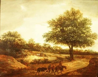 Paysage boisé avec des voyageurs sur un chemin, une chaumière au-delà