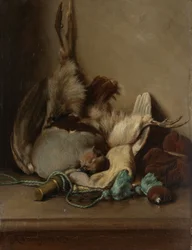 Nature morte au pigeon ramier et à la corne de poudre