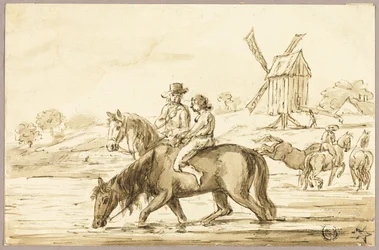Abreuvement des chevaux près du moulin à vent