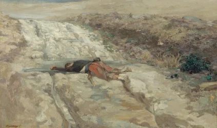 Scène de la guerre de 1870 : soldat mort sur un champ de bataille, vers 1870