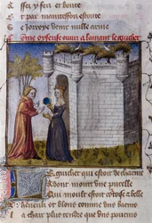 Scène galante entre deux amoureux : la fille invite son amant à entrer. Miniature du "Roman de la Rose" de Guillaume de Lorris