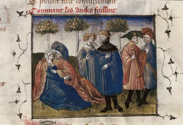 Scène galante de courtisans, miniature dans "Roman de la Rose" de Guillaume Lorris