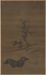 Garçons de troupeau et buffles dans un paysage
