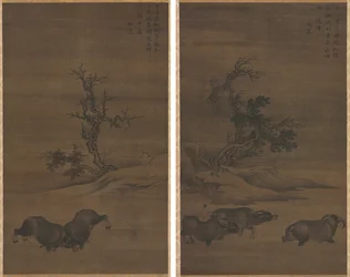Garçons de troupeau et buffles dans des paysages