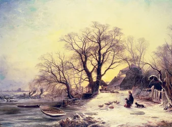 Figures devant un cottage en hiver