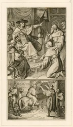 Martin Luther en discussion avec le cardinal Cajetan, Luther doit révoquer ses écrits, à côté de lui son ami Staupitz