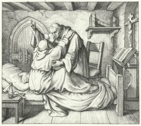 Martin Luther est consolé par un moine pendant son tourment spirituel au monastère (gravure)