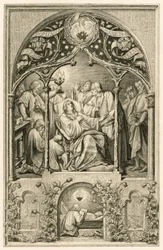 La mort de Martin Luther, ses deux fils agenouillés devant lui, Dr. Justus Jonas prononçant les derniers mots, derrière eux Michael Coelius priant, Johannes Aurifaber avec un candélabre, le docteur Simon Wild avec des médicaments et à droite le comte Albre