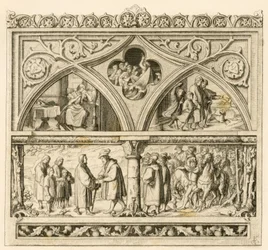 Le voyage de Martin Luther chez le comte Mansfeld (Hoyer VI de Mansfeld-Vorderort (1477-1540) ; image en haut à gauche : la triste Katharina, au milieu : la rivière en rage Saale, à droite : Luther avec ses fils. image en bas : Luther et le comte
