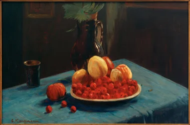 Nature morte de fruits sur nappe bleue