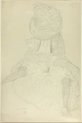 Femme assise de face avec chapeau, visage voilé