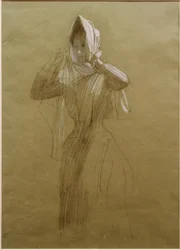Jeune femme debout, mettant un foulard