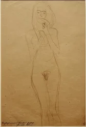 Nu féminin debout, bouche cachée par les cheveux