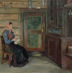 Intérieur de ferme avec une femme qui tricote