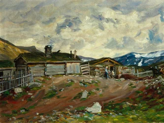 Ferme de montagne avec femme et vache