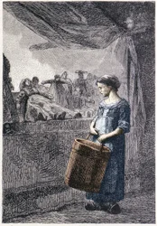 Cosette devant la boutique de jouets - dans « Les Misérables » de Victor Hugo, ill. par Brion, éd. Hetzel et Lacroix