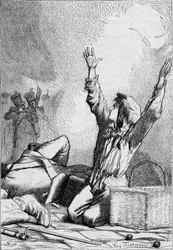 Gavroche tombe sur les barricades - dans "Les Misérables" par Victor Hugo, ill. par Brion, éd. Hetzel et Lacroix