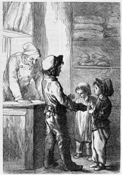 Gavroche donne du pain aux enfants - dans «Les Misérables» par Victor Hugo, ill. par Brion, éd. Hetzel et Lacroix